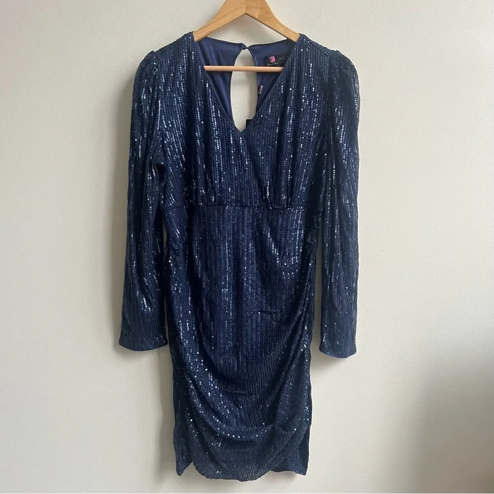 KANCY KOLE Womens Sexy V Neck Sequin Ruched Bodycon Mini Dress Long Sleeve Large